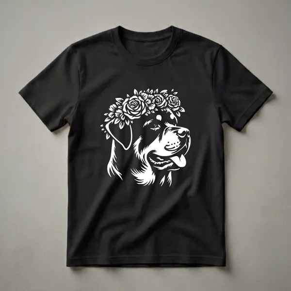 White graphic of a Rottweiler dog wearing a crown of roses and leaves, displayed on a black t-shirt.