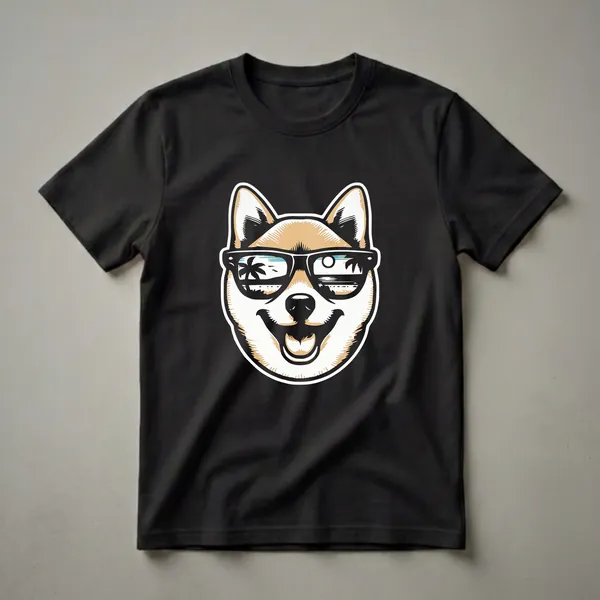 A graphic t-shirt featuring a tan and white Shiba Inu dog wearing black sunglasses that reflect a beach scene with palm trees and the ocean.