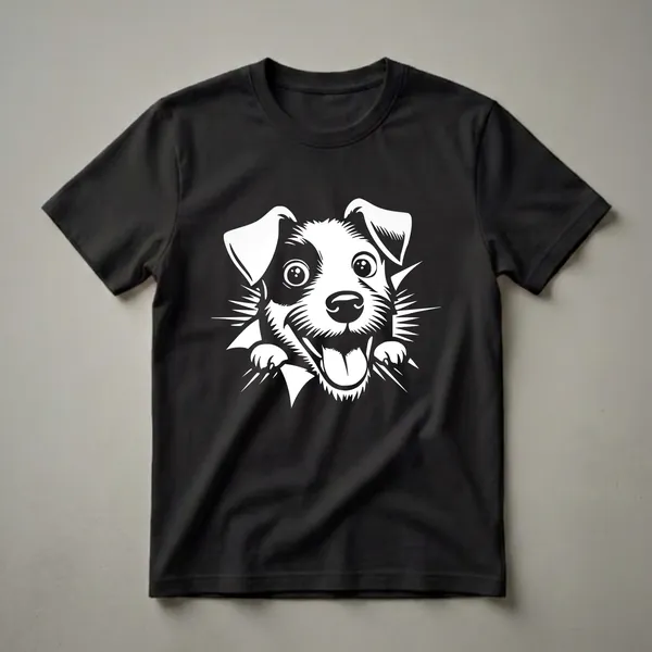 White graphic of a happy Jack Russell Terrier dog peeking out with its tongue out, on a black background.