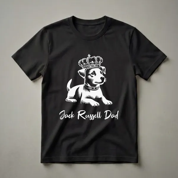 Black t-shirt with a white graphic of a Jack Russell Terrier wearing a crown and collar, with the text 'Jack Russell Dad' below.