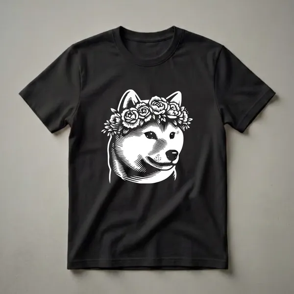 White graphic of a Shiba Inu dog wearing a flower crown on a black background, rendered in a woodcut style.
