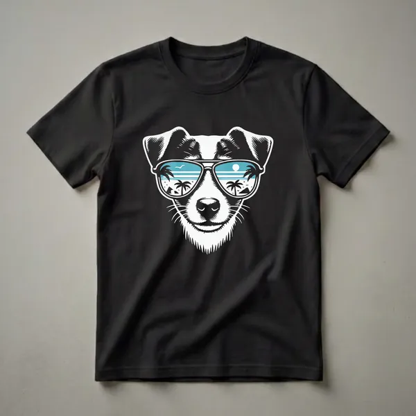 Black t-shirt featuring a white and black graphic of a Jack Russell Terrier wearing aviator sunglasses that reflect a tropical beach scene with palm trees and the ocean.