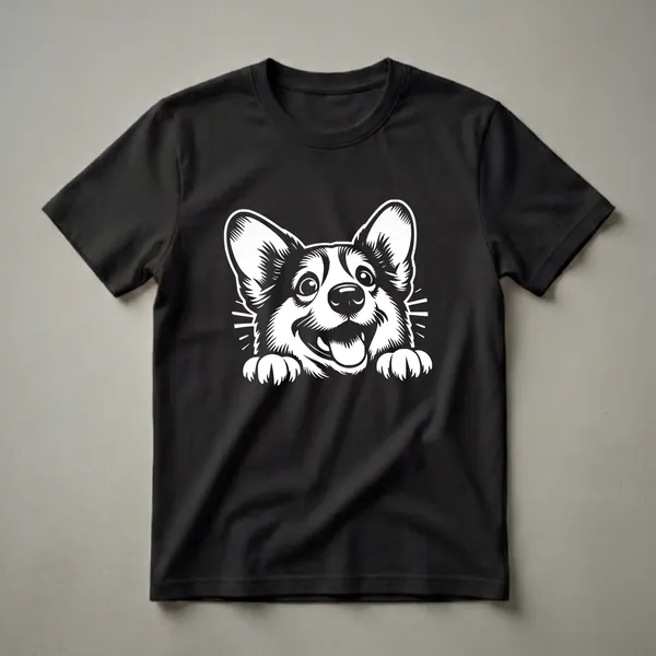 Black and white graphic t-shirt featuring a happy Corgi dog peeking over the bottom edge with its paws visible and tongue out.