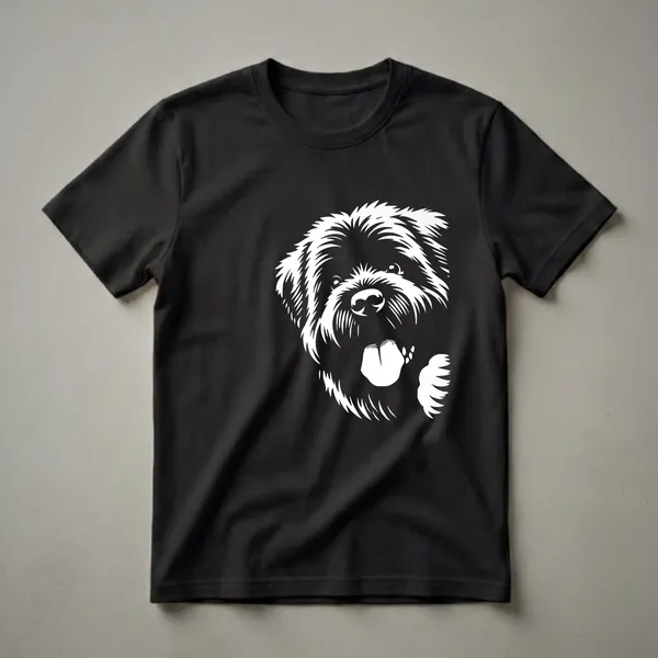 White graphic of a Bouvier des Flandres dog peeking from the right side of a black t-shirt, with its tongue out and one paw raised.