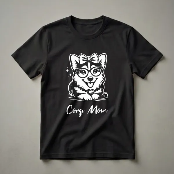 White graphic of a cute Corgi wearing glasses and a bow, with a heart pendant and the words 'Corgi Mom' below, on a black t-shirt.