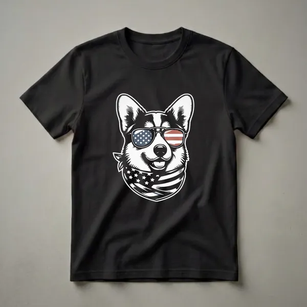 Black and white graphic t-shirt featuring a Corgi dog wearing aviator sunglasses with American flag lenses and a matching bandana.