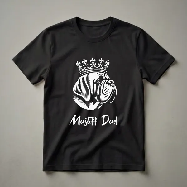 White graphic of an English Mastiff dog wearing a crown, with the words 'Mastiff Dad' below, printed on a black t-shirt.