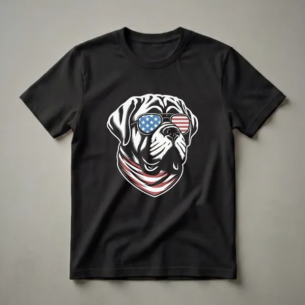 Black graphic t-shirt featuring a white English Mastiff wearing aviator sunglasses with the American flag design and a matching bandana.