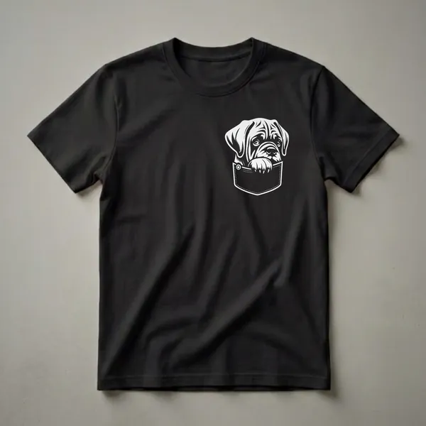 Black t-shirt featuring a white graphic of an English Mastiff dog's head and paw peeking out of a faux pocket.
