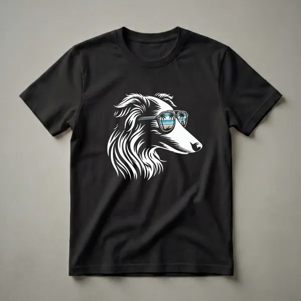 White graphic of a Borzoi dog's head wearing sunglasses, with a beach and palm trees reflected in the lenses, on a black background.