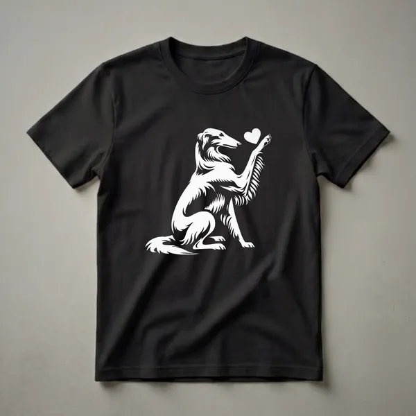 White graphic of a Borzoi dog sitting with its front paw raised, touching a white heart symbol, on a black background.