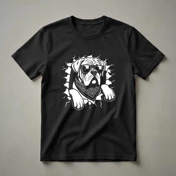 White graphic of an English Mastiff dog wearing dark sunglasses and a patterned bandana, emerging from a black background with cracked effects, on a black t-shirt.