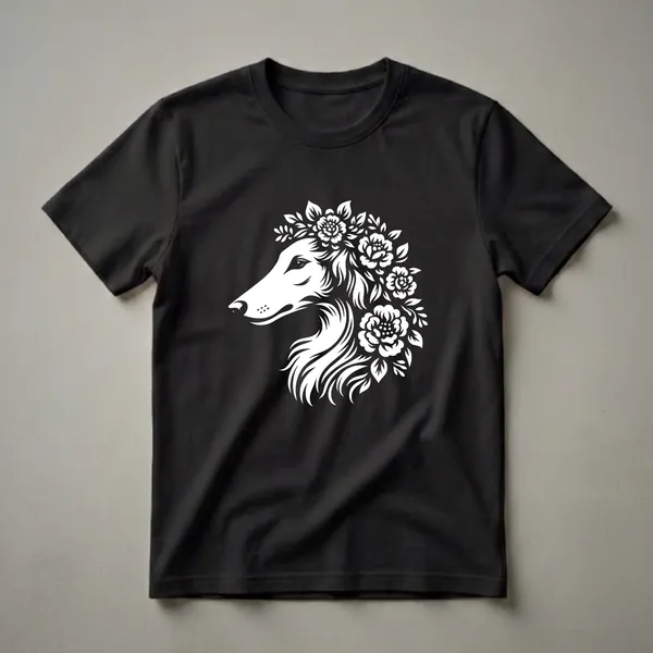 White graphic of a Borzoi dog's head wearing a wreath of flowers and leaves, set against a black background.