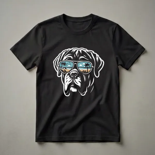 Black and white graphic t-shirt featuring the head of an English Mastiff dog wearing sunglasses that reflect a tropical beach scene with palm trees and lounge chairs.