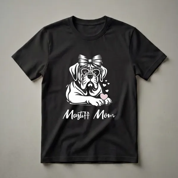 White graphic of an English Mastiff wearing a bow and heart-shaped glasses, with the text 'Mastiff Mom' below, on a black t-shirt.