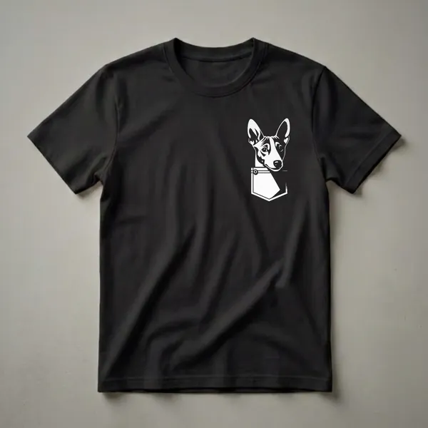 Black t-shirt with a white graphic of a Basenji dog's head peeking out of a white pocket, showcasing its alert ears and curious expression.