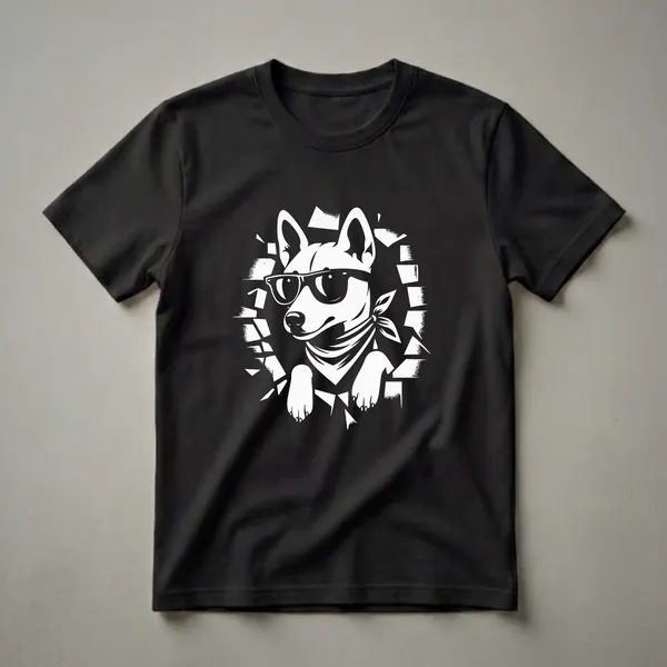 White Basenji dog wearing black sunglasses and a patterned bandana, peeking through a black background with white shattered elements, on a black t-shirt.
