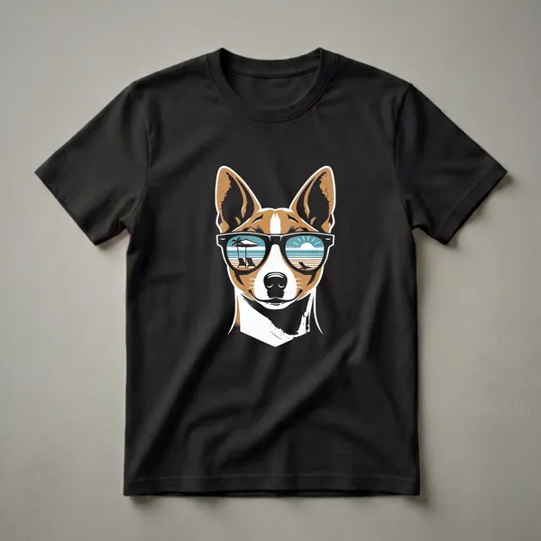 Black t-shirt featuring a graphic of a brown and white Basenji dog wearing black sunglasses, with a beach scene reflected in the lenses, including lounge chairs, an umbrella, and a sunrise.