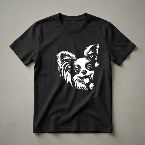 White graphic of a happy Papillon dog peeking from the right side, with large ears and a lolling tongue, on a black background.