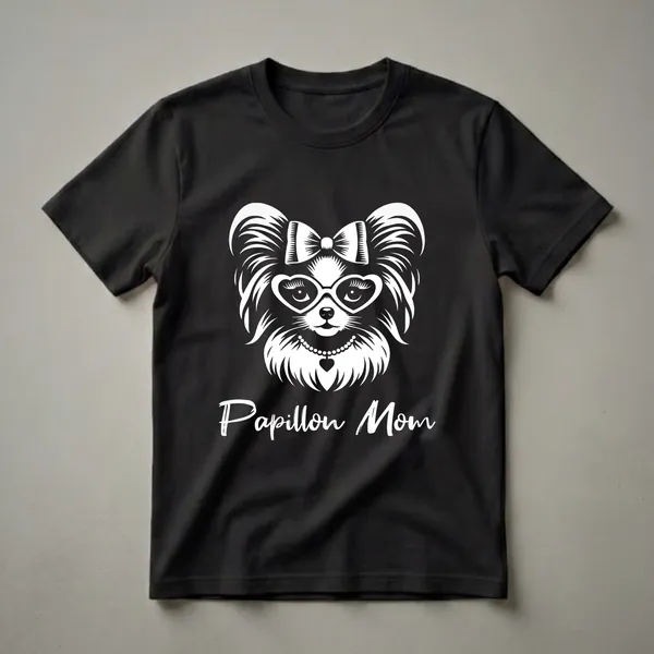 White graphic of a Papillon dog wearing heart-shaped glasses and a pearl necklace, with the text 'Papillon Mom' below, on a black t-shirt.