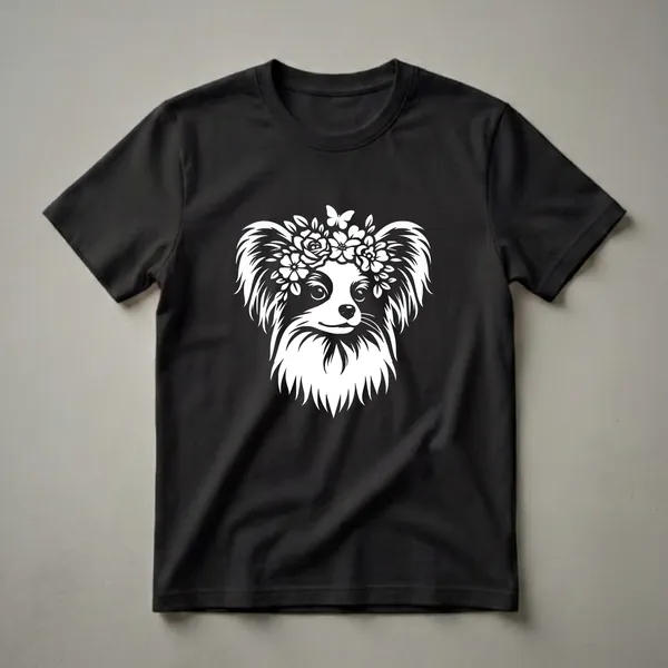 White graphic of a Papillon dog wearing a floral crown with a butterfly, on a black t-shirt.