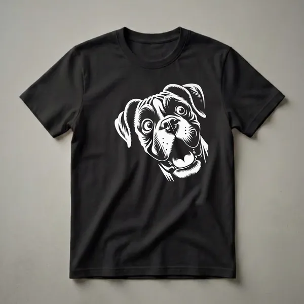 Black t-shirt with a white graphic of a Boxer dog's face peeking from the right side, featuring expressive eyes and an open mouth.