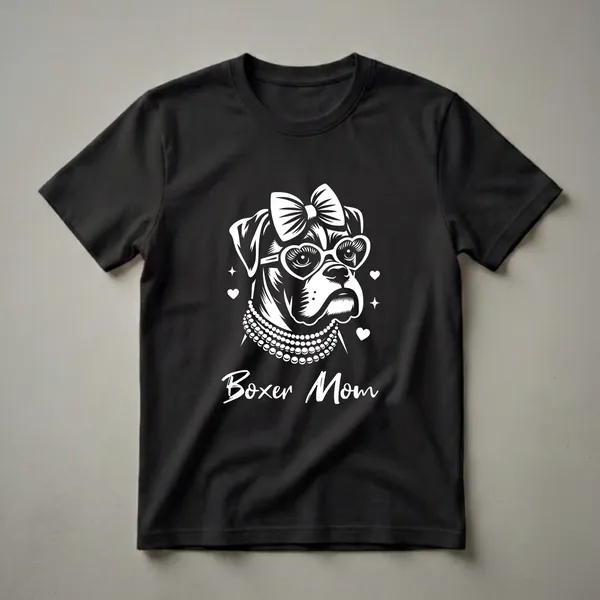 White graphic on black shirt featuring a female Boxer dog wearing a bow, heart-shaped sunglasses, and a pearl necklace, with the text 'Boxer Mom' below.