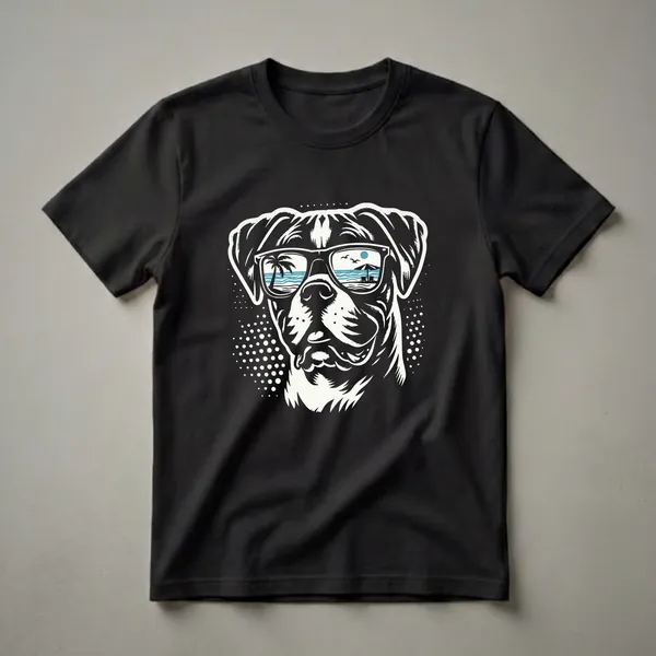 Black t-shirt featuring a stylized white and cream graphic of a Boxer dog wearing sunglasses that reflect a beach scene with a palm tree, lounge chairs, and an umbrella.