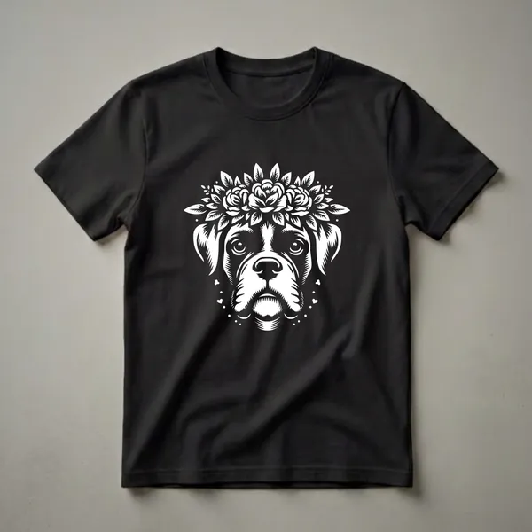 White graphic of a Boxer dog wearing a floral crown, with small hearts and dots, on a black t-shirt.