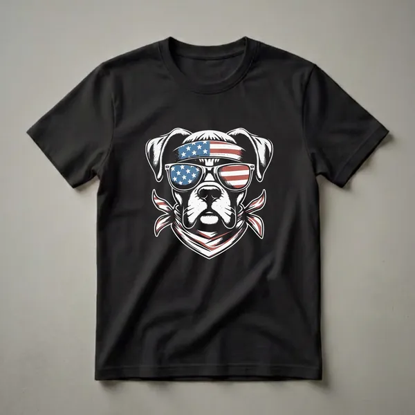 Black t-shirt featuring a graphic of a Boxer dog wearing sunglasses and a bandana, both designed with the American flag pattern.