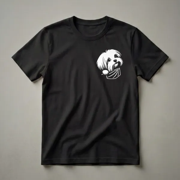 White graphic of a cute Maltese dog peeking over the edge of a pocket, on a black t-shirt.