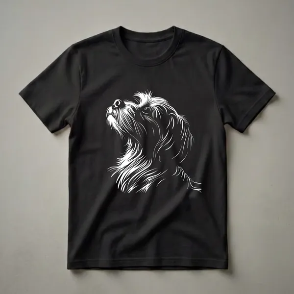 White line art illustration of a Maltese dog's face, showing its fluffy fur and upward gaze, set against a black background.