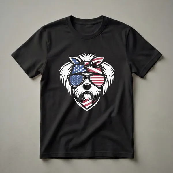 White Maltese dog wearing an American flag bandana and sunglasses, graphic t-shirt design.