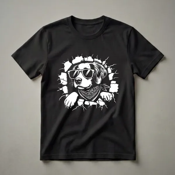 White Brittany Spaniel dog wearing black sunglasses and a patterned bandana, breaking through a white cracked wall on a black background.