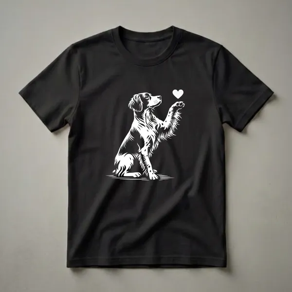 White graphic of a Brittany Spaniel dog sitting with its paw raised towards a white heart, on a black t-shirt.