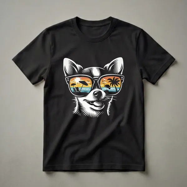 Black t-shirt with a white graphic of a Chihuahua dog wearing sunglasses that reflect a beach scene with lounge chairs, umbrellas, palm trees, and a sunset.
