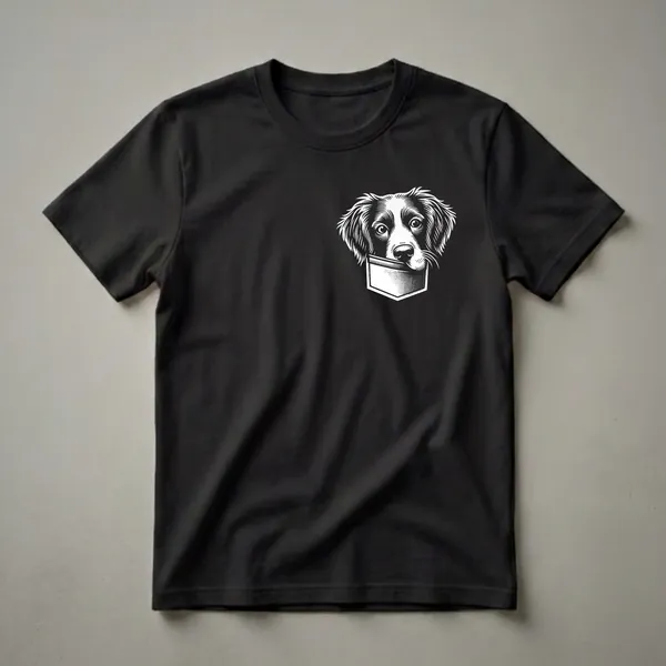 Black and white graphic t-shirt featuring a peeking Brittany Spaniel dog's head emerging from a pocket, rendered in a woodcut style.