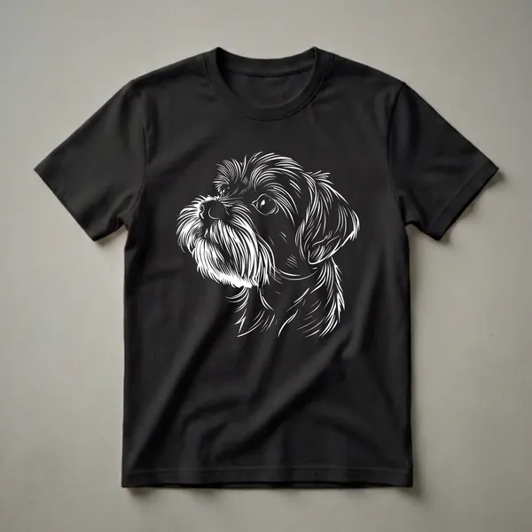 White line art illustration of a Maltese dog's face with fluffy fur and alert eyes, printed on a black t-shirt.