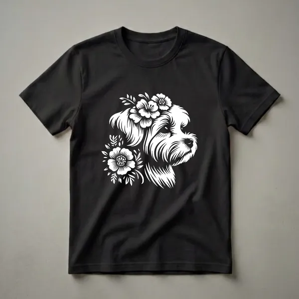 White graphic of a Maltese dog's head adorned with flowers and leaves, on a black t-shirt.
