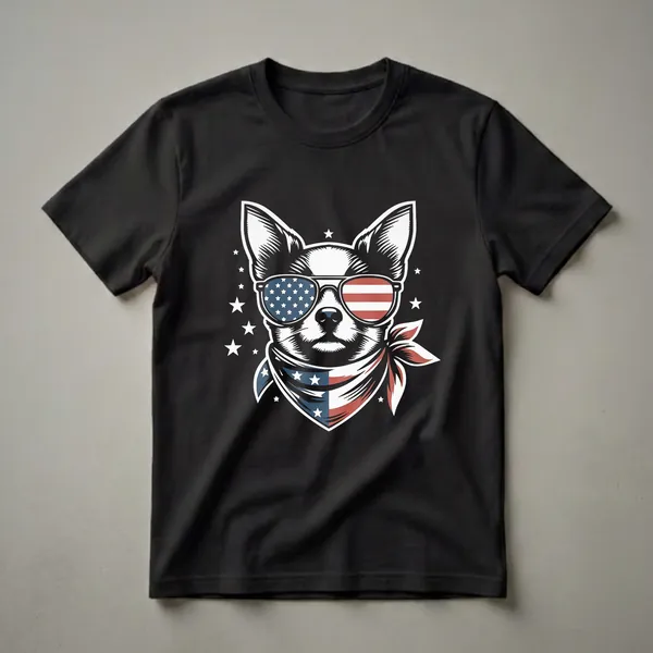 A graphic t-shirt featuring a chihuahua wearing sunglasses and a bandana, both designed with American flag motifs, surrounded by white stars on a black background.