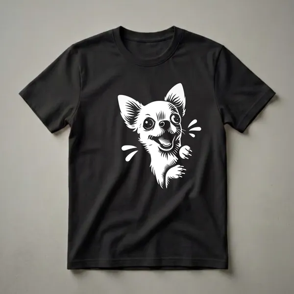 White graphic of a happy chihuahua dog peeking out with its paws visible, on a black t-shirt.