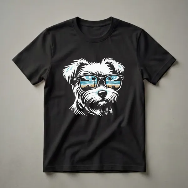 White Maltese dog wearing black sunglasses with a beach scene reflection, graphic t-shirt design.