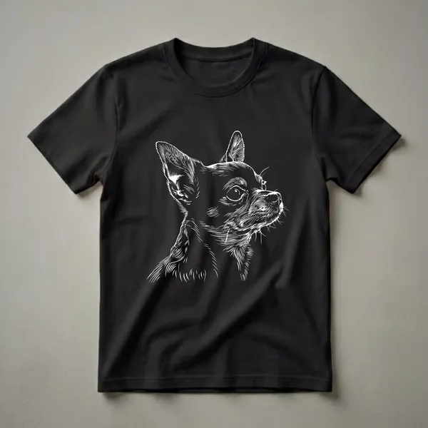 Black t-shirt with a white line art illustration of a Chihuahua dog's head in profile, showing its ears, eyes, and snout.