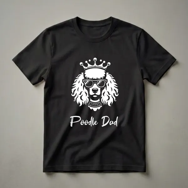 Black t-shirt with a white graphic of a poodle's head wearing a crown and sunglasses, with 'Poodle Dad' written below in script.