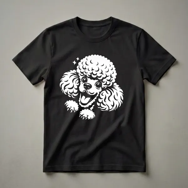 White graphic of a happy poodle peeking with curly fur and sparkling stars on a black shirt.