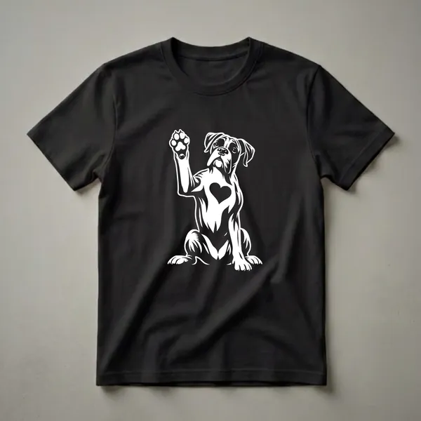 White graphic of a sitting Boxer dog with a raised paw and a heart on its chest, on a black t-shirt.