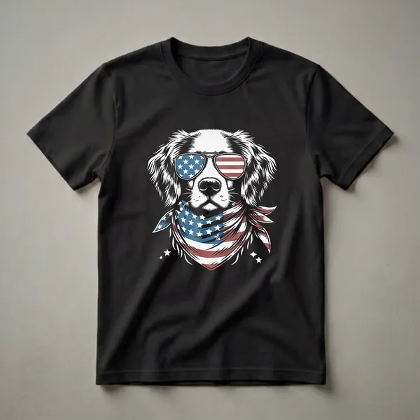 Black t-shirt featuring a graphic of a white and black Brittany Spaniel dog wearing aviator sunglasses and a bandana, both designed with American flag patterns.