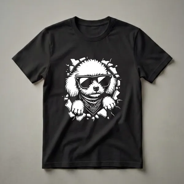 White poodle wearing black sunglasses and a black and white bandana, breaking through a cracked white surface against a black background.