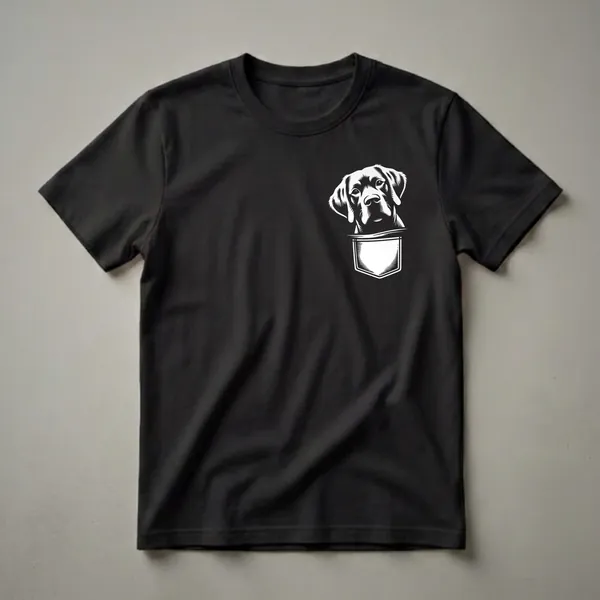 White graphic of a Chesapeake Bay Retriever dog peeking out of a pocket on a black t-shirt.