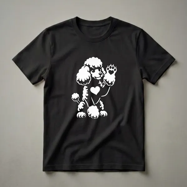White graphic of a sitting poodle with a heart on its chest and a heart within its raised paw, displayed on a black shirt.